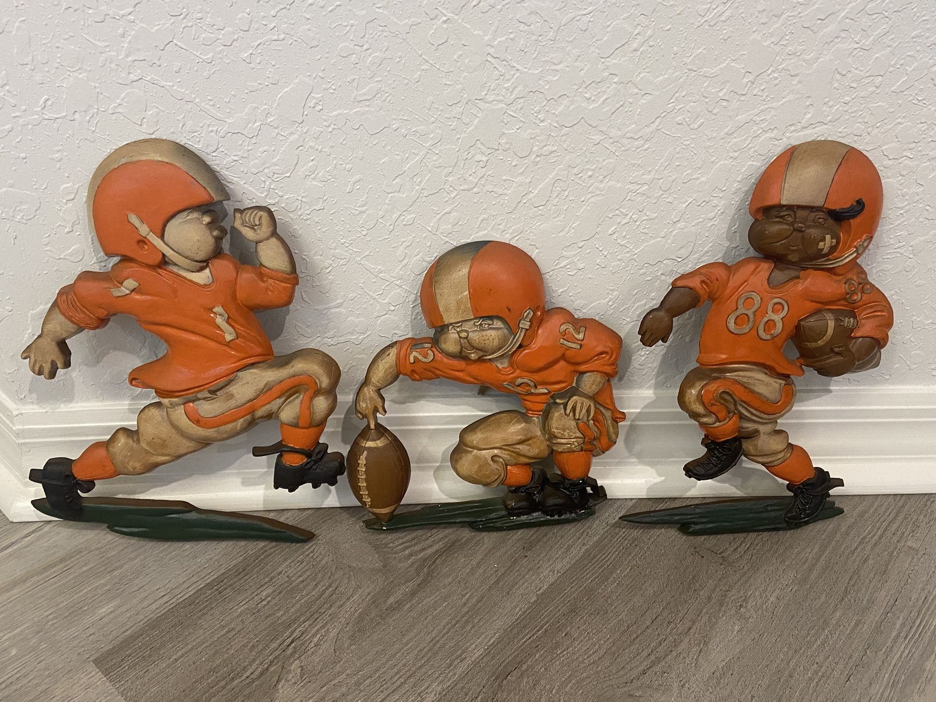 Football Homco 1976 Rare Orange Vintage Football Players - Metal Wall Decor Set Of 3 - Made In Usa