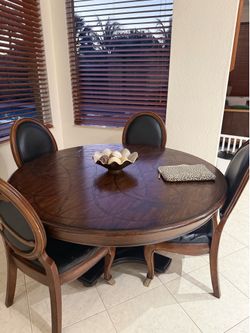 Round Dark Wood Dining Table Set with Upholstered Chairs