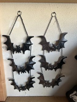 Halloween Decorations – Hanging Bat Chains, Two Strands (Silver and Black Metal), 3 Bats Each, 20 in