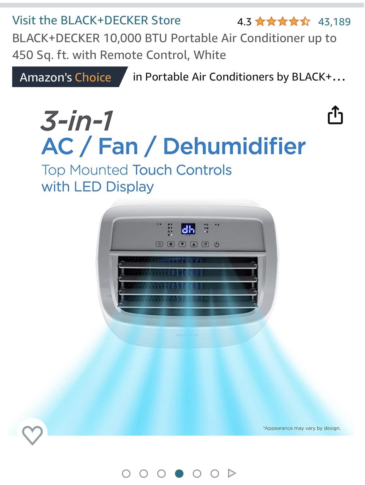 BLACK+DECKER Portable Air Conditioner with Remote Control, White. [25% OFF,  Save $110]