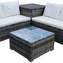 4 Piece Outdoor Sectional Sofa Set Rattan Patio Storage End Table Deck Yard Garden Poolside Wicker Furniture Couch Table Cushions Side Summer Cream