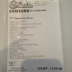 Samsung 7.5 Cu. Ft. White Front Load Gas Dryer