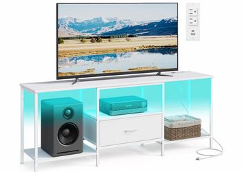 White TV Stand with LED Lights and Power Outlet