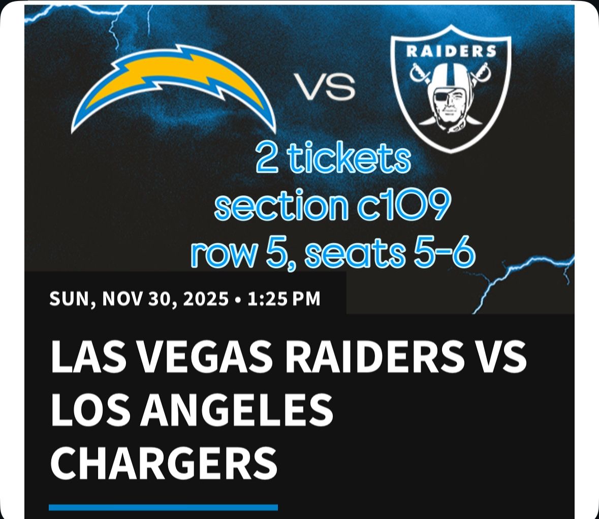 Raiders v Chargers - 2 tix, 20yard Line