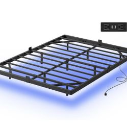 Floating Queen Bed Frame, 1500Lbs Heavy Duty Metal Platform with LED Light and Charging Station, Queen 