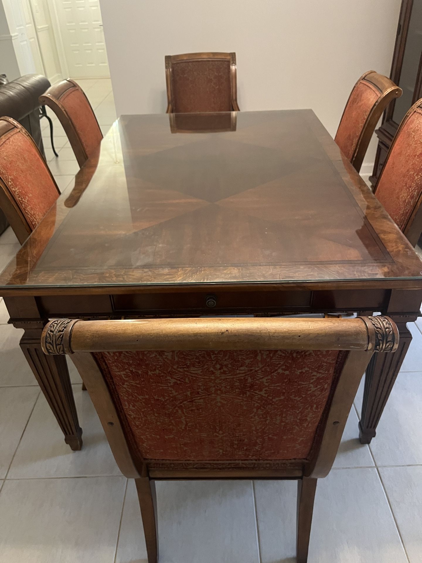 Ethan Allen Dining Room Table, Chairs With Glass top + Table Protector Pad