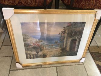 Picture glass scenery gold trim 24” tall by 30” wide