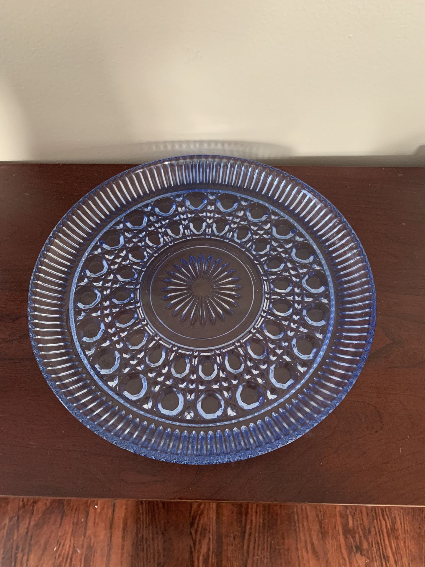 Vintage Federal Button & Cane Aegean Blue Glass Serving Platter 11" Cake Plate