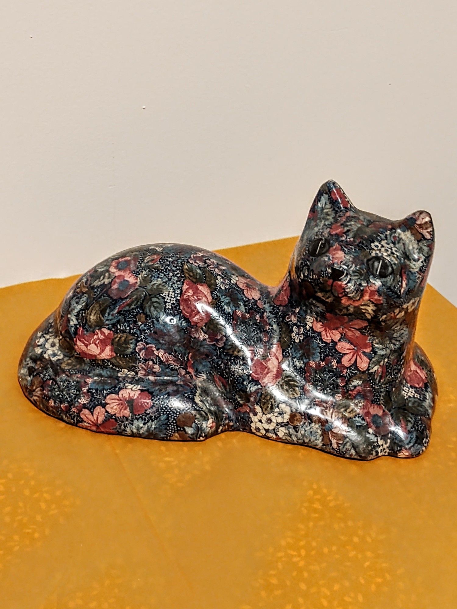 Vintage Decoupage Floral Cat Figurine