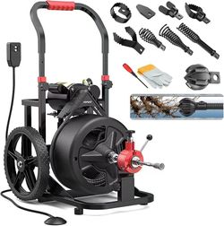 🥨100 ft x 1/2 inch POPULO Auto Feed Electric Drain Snake Auger for 2 to 4 Inch Pipes, Sewer Plumbing Snake Auger, Heavy Duty Drain Cleaner Machine wi