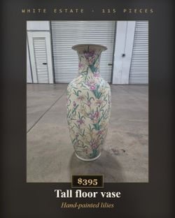 Tall Hand-Painted Porcelain Floor Vase - Lilies
