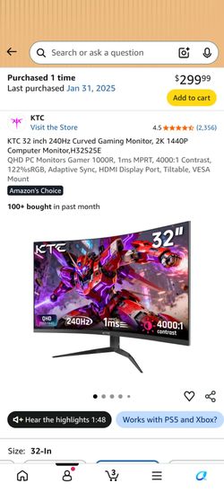 KTC 32 inch 240Hz Curved Gaming Monitor, 2K 1440P Computer Monitor, H32S25E
