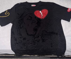 Black Graphic T-Shirt with Rhinestone Broken Heart