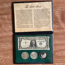 Silver Story Booklet  w/ Morgan & Peace Silver Dollars, $1 Silver Certificate & Silver