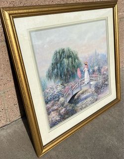 Vintage Joe Sambataro Framed Art Print of Woman on Bridge Scene