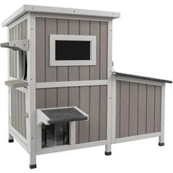 Outdoor Wooden Two-Story Cat House with Extra Room