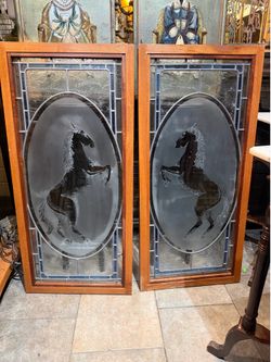 Vintage lead Glass horses frosted wood  panels