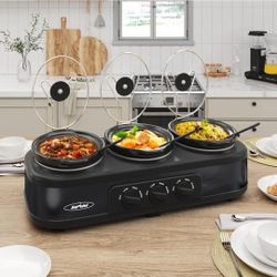 Sunvivi Triple Slow Cooker, Buffet Server & Warmer with 3 Removable Ceramic Pots, 3 Adjustable Temp Settings & 3 Metal Lid Rests, Stainless Steel, 3 *