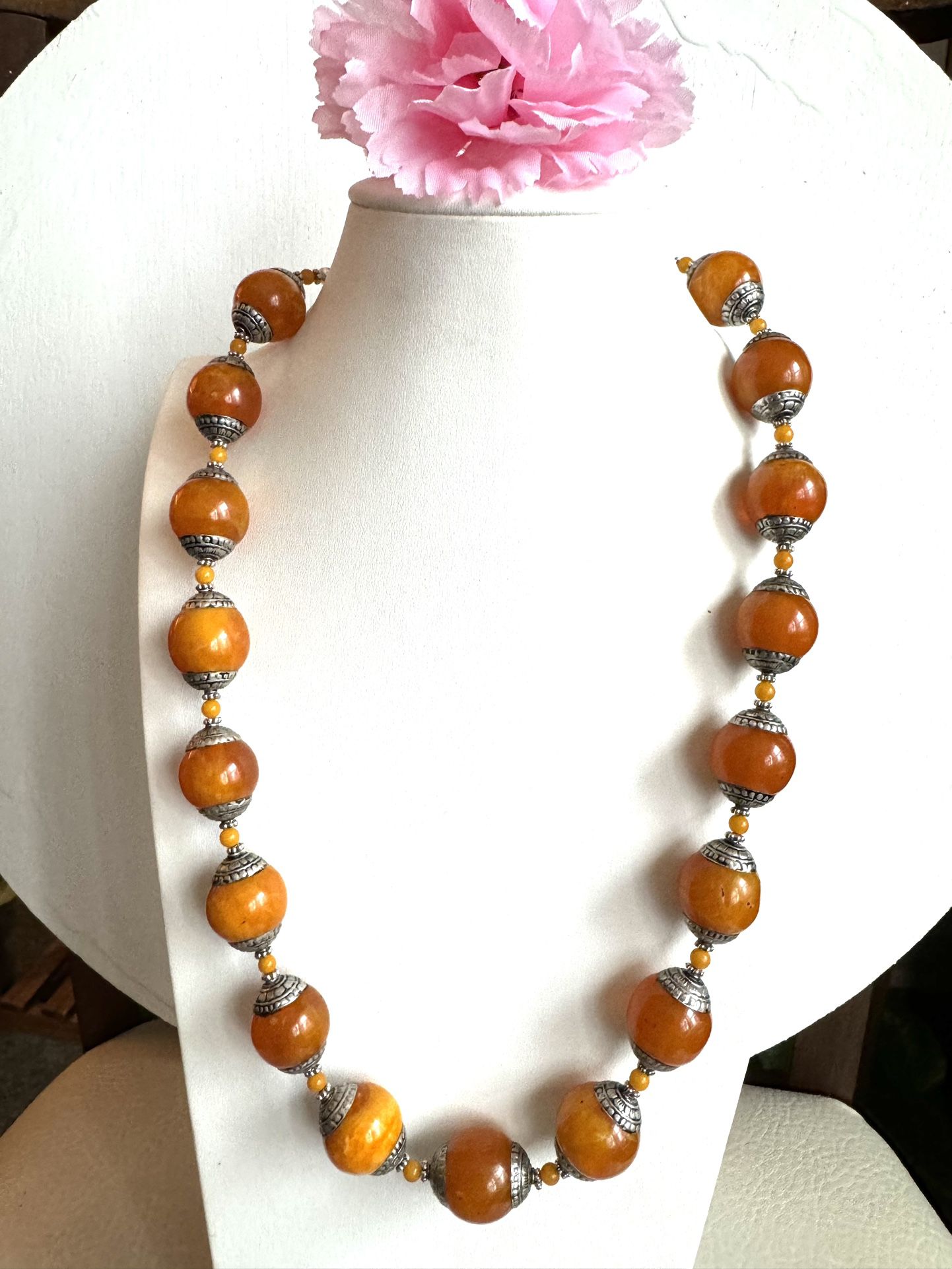Vintage and beautiful hand carved Tibetan silver Amber resin beads necklace 23”inch long