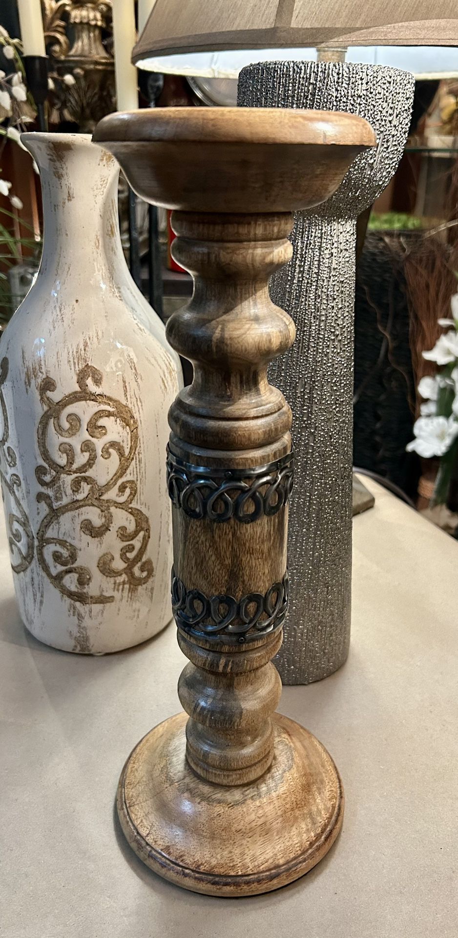 Farmhouse Wood Pillar Candle Holder With Metal