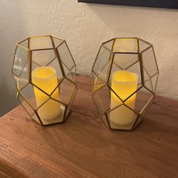 GLASS/GOLD CANDLE HOLDERS- (2)