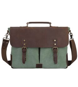 Canvas Messenger Bag Genuine Leather Trim Travel Briefcase Satchel Shoulder Bag 15.6-inch Laptop Bag