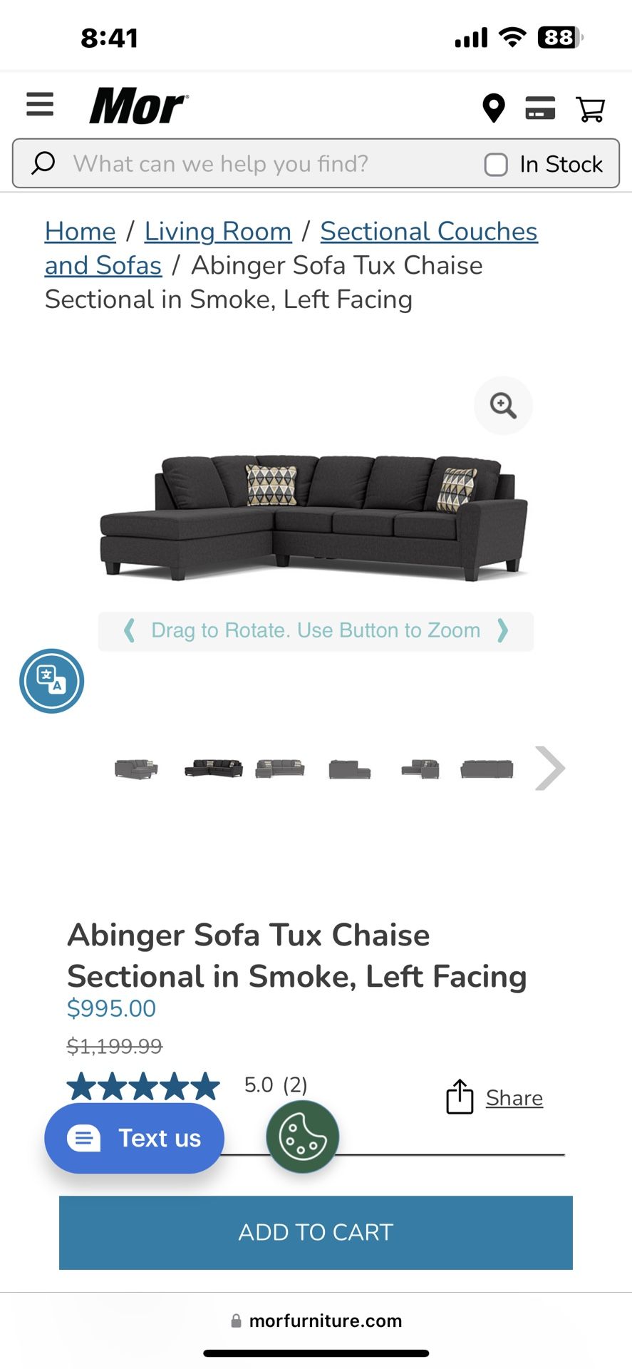 Abinger Sofa Tux Chaise Sectional in Smoke, Left Facing