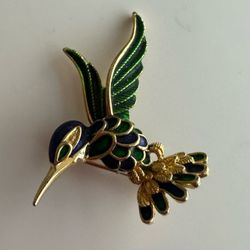 Hummingbird Brooch Pin Goldtone w free & blue enamel