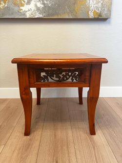 Solid Wood Maple Oak Side Table With Ornate Leaf Metal Inserts and Flared Legs