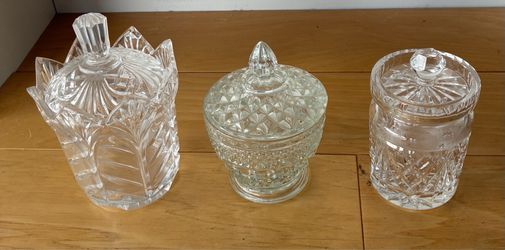 3 ornate glass covered jars. Buy all 3 for $30 or $15 each.