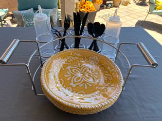 Handled Silver Chrome Metal Table Caddy Silverware Plates Condiments Holder