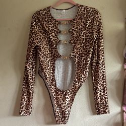 SHEIN Plus Leopard Print Cutout Chain Detail Bodysuit Size 2XL