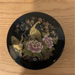 Vintage Porcelain Blue Trinket Box with Peacock and Floral Design 4” x 2”  A29