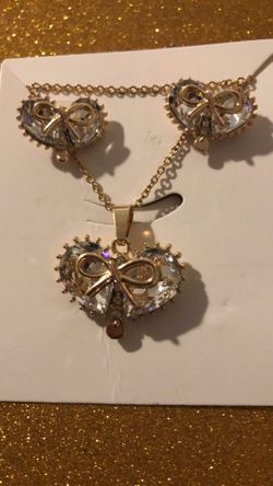 Gold plated heart pendant, chain and earrings