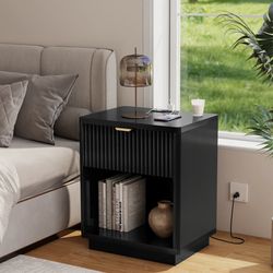 2 pieces Black Nightstand with Charging Station