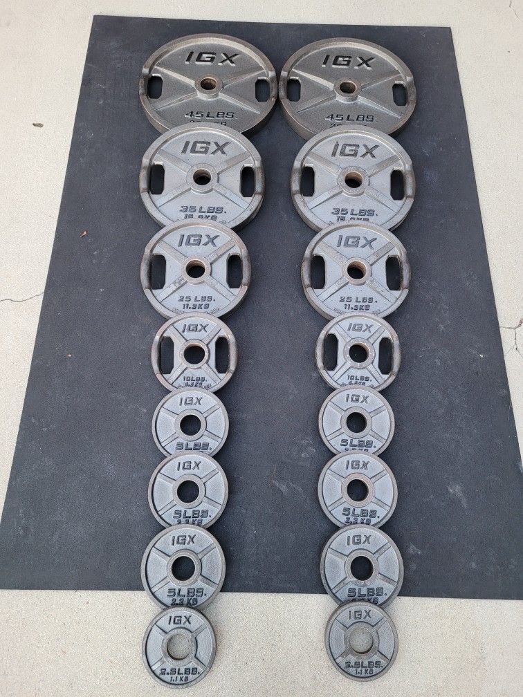 (260Lb) Olympic Weight Plates (2x45Lbs,2x35Lbs,2x25Lbs,2x10Lbs,6x5Lbs,2x2.5Lbs) for $240 Firm (Walnut 91789)