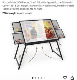Puzzle Table 1500 Pieces, 3-in-1 Foldable Jigsaw Puzzle Table with Cover – 18” & 28” Height, 5 Angle Tilt, Metal Frame, Portable Puzzle Tables Drawers