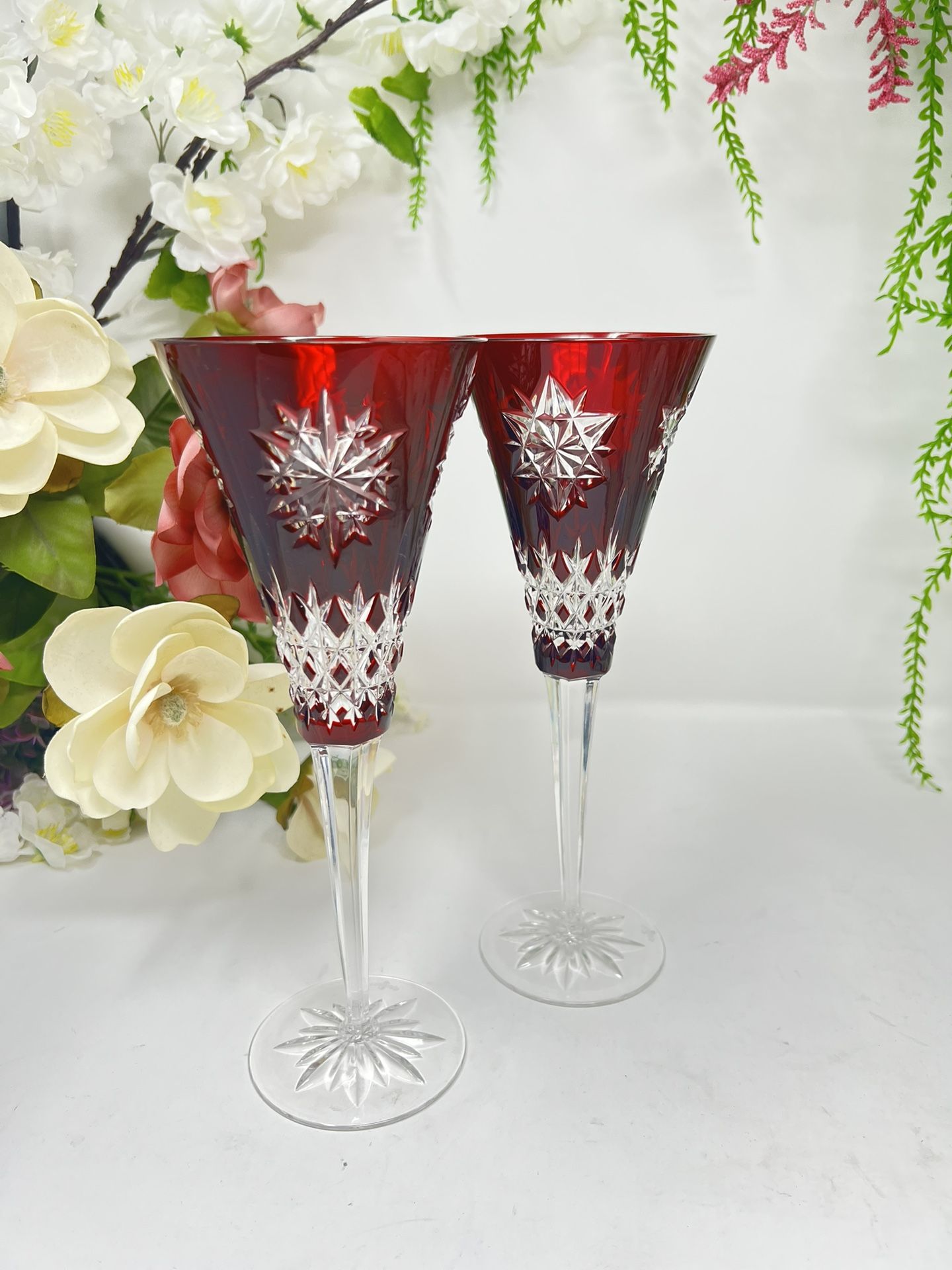 RARE Waterford .Ruby Red Snowflake Crystal Champagne Flute