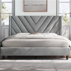 Queen Bed Frame with Chevron Channel-Tufted Headboard, Light Gray