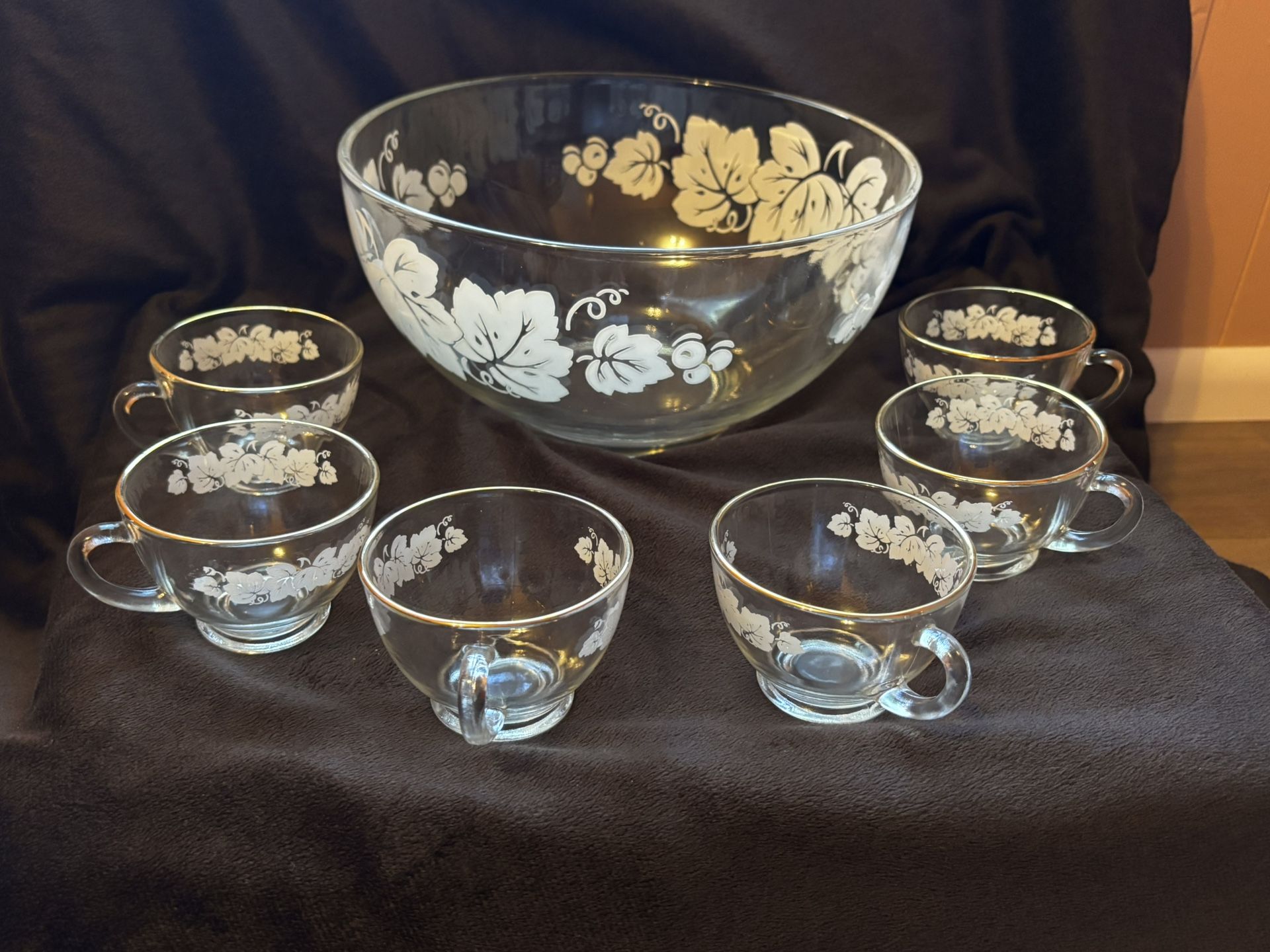 Vintage Glass Punch Bowl Set With Cups