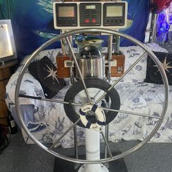 Ships wheel helm station Richie compass Ray marine depth finder auto helm st400 and speed   Great for sail boat or main cave 