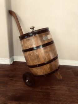 Mid Century Replica Hand Crafted Wood & Brass Barrel Ice Cooler On Wheels