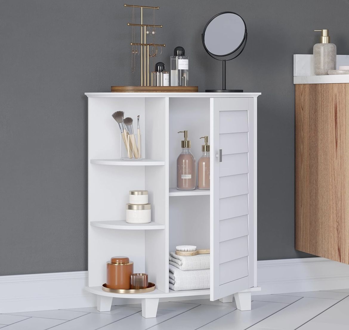 NEW in Box White Storage Cabinet w 3x Curved Side Shelves