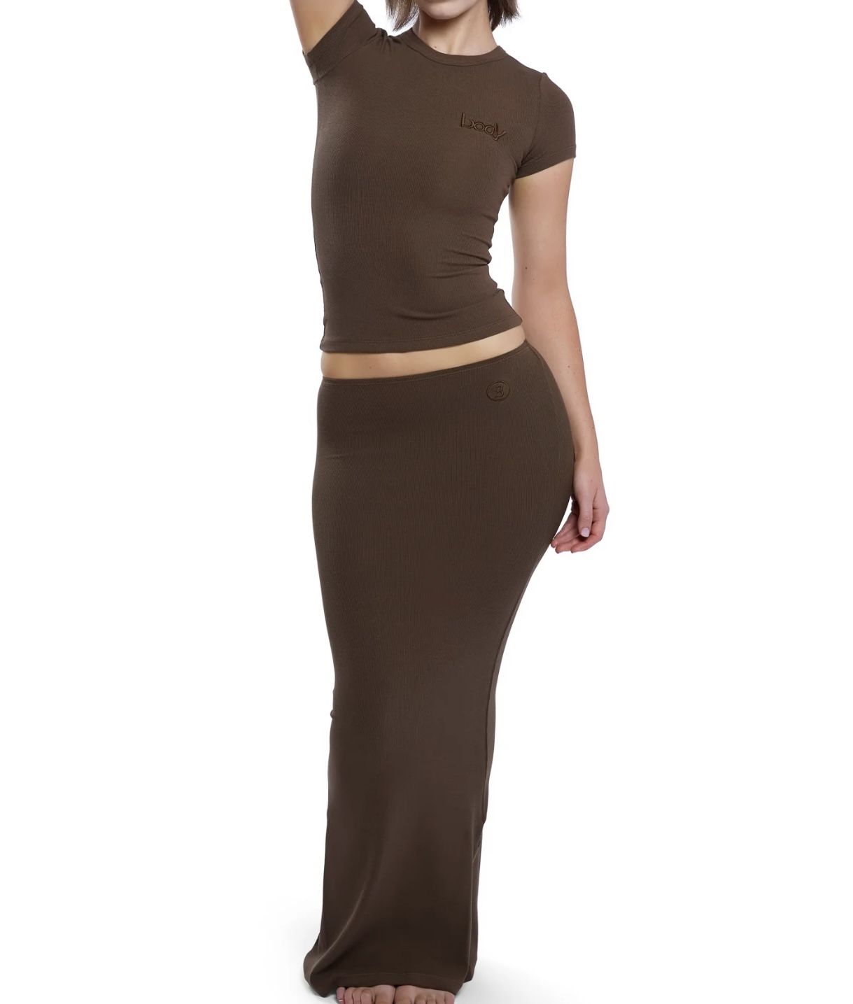Body by Raven Tracy Ribbed Maxi Skirt And Top Essential Set (Brown)