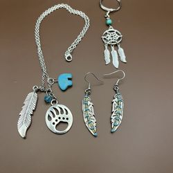 5302-MTT New Three Piece Feather Necklace, Keychain & Earring Southwestern Style