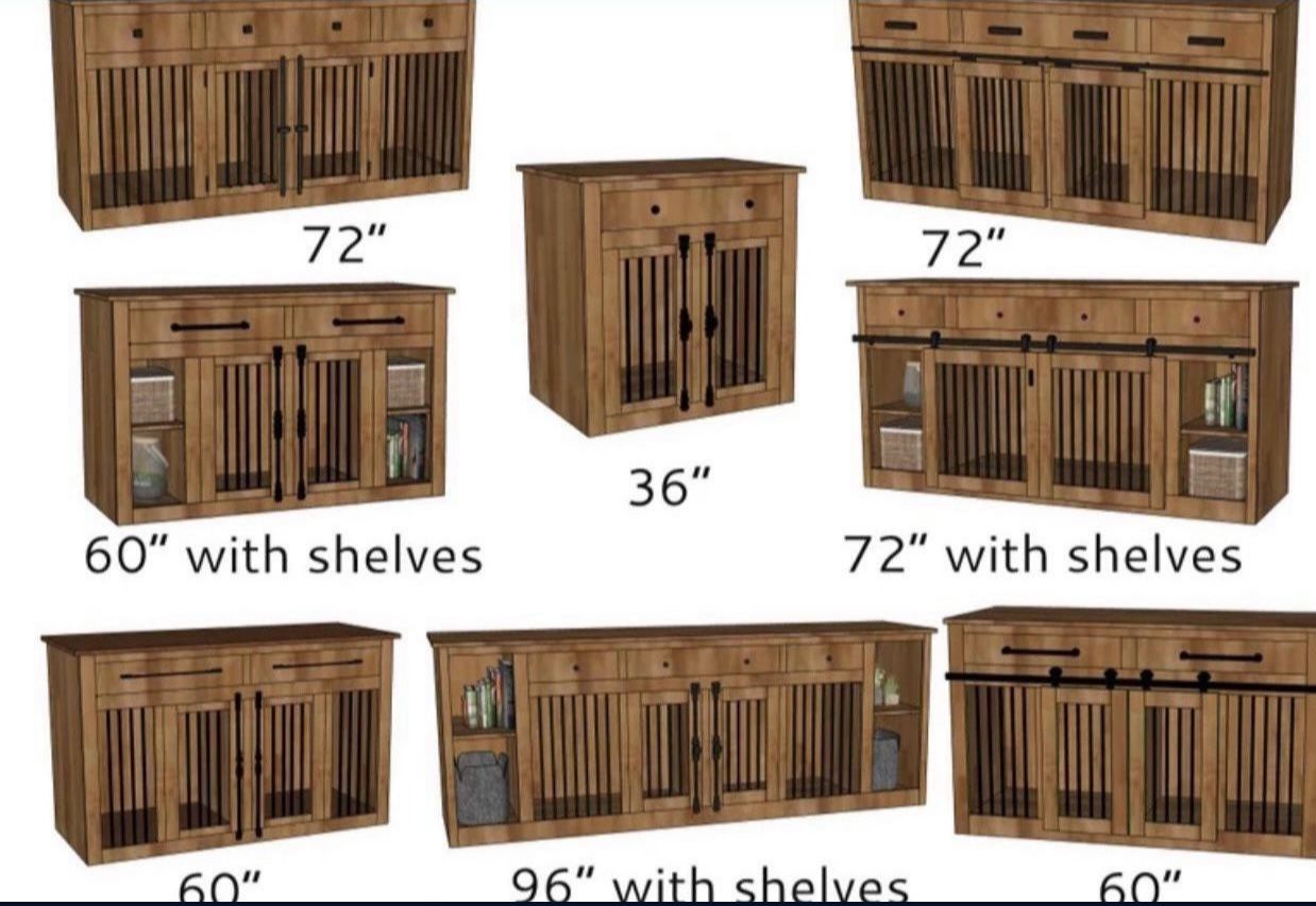 Custom Built Dog Kennel Crate Cage House Console Cabinet TV Stand Farmhouse Modern Rustic Dog Bowl Toy Bed Wood Barn Door