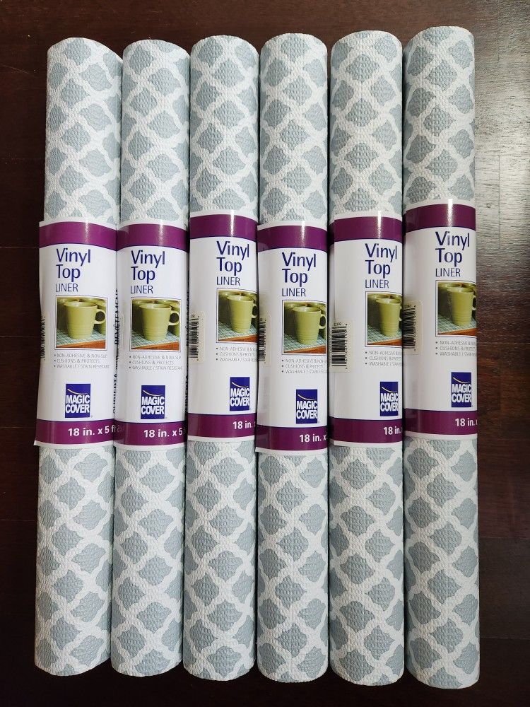 Magic Cover Vinyl Top Shelf Liner. Each roll measures 18" inches x 5' feet. NON-Adhesive & NON-Slip. Cushions & Protects. Washable & Stain Resistant.