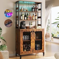 271 Aheaplus Bar Cabinet with Power Outlets, 67" Tall Wine Bar Liquor Cabinet with LED Lights & Glass Holder, Coffee Bars Station for Living Room, Mic