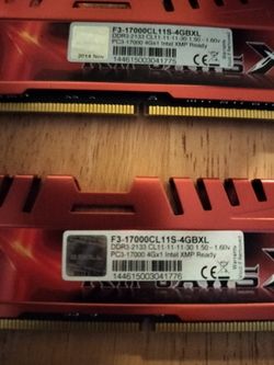 Selling a matched pair of G.SKILL Ripjaws X DDR3 RAM sticks.
• 8GB total (2x4GB)
• DDR3 2133MHz (PC3-17000)
• CL11 timings
• Intel XMP Ready
• Model: 