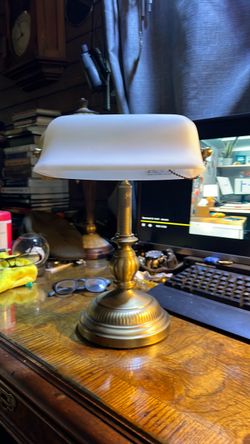 Brass Banker's Desk Lamp with White Glass Shade